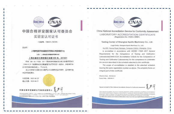 上海阿波罗公司检测中心获得CNAS实验室审查认可证书